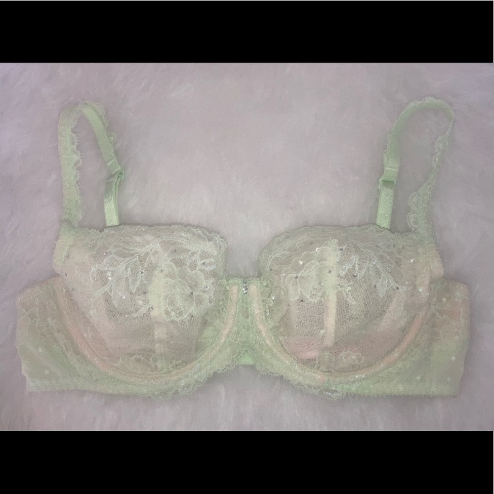 VS 34C Unlined Demi Bra Lace & Rhinestones- Light Green/Cream